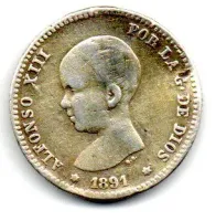 Espanha - 1891 - 1 Peseta - Prata .835 - Aprox. 5g - 23,5mm - C/ Solda e danos