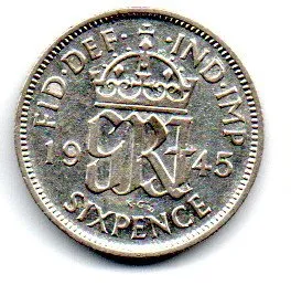 Reino Unido - 1945 - 6 Pence - Prata .500 - Aprox. 2,828g - 19,4mm
