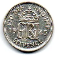 Reino Unido - 1945 - 6 Pence - Prata .500 - Aprox. 2,828g - 19,4mm