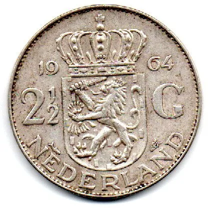 Holanda - 1964 - 2½ Gulden - Prata .720 - Aprox. 15g - 33mm