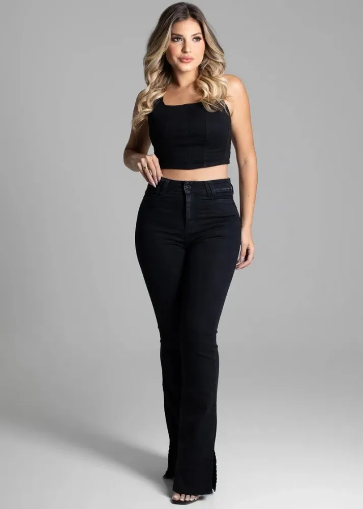 Calça Jeans Boot Cut Sawary Feminina Preta Imagem