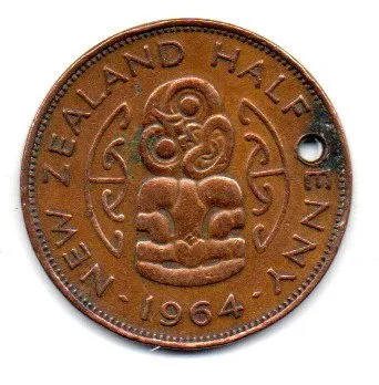 Nova Zelândia - 1964 - 1/2 Penny - C/ Furo