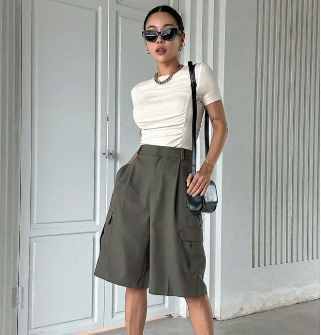 Dazy Designer Cintura Alta Lado Do Bolso Da Aba Shorts