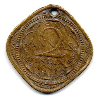 Índia - Colônias Européias - 1944 - 2 Annas - C/ Furo