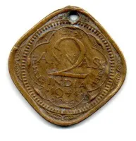Índia - Colônias Européias - 1944 - 2 Annas - C/ Furo