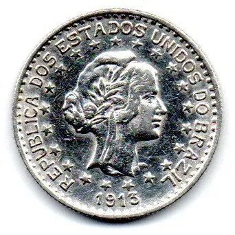 1913 - 1000 Réis - Estrelas Soltas - Prata .900 - Aprox. 10g - 26mm - Moeda Brasil - Polida