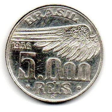 1936 - 5000 Réis - Santos Dumont - Prata .600 - Aprox. 10g - 27,5mm - Moeda Brasil  - Polida