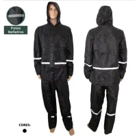 Conjunto Jaqueta e Calça de Chuva Preta com Refletivos