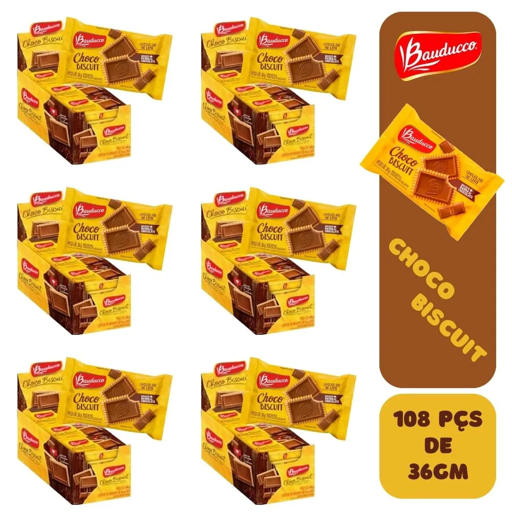6 Caixas Biscoito Choco Biscuit Chocolate Ao Leite Bauducco Display 18x36g