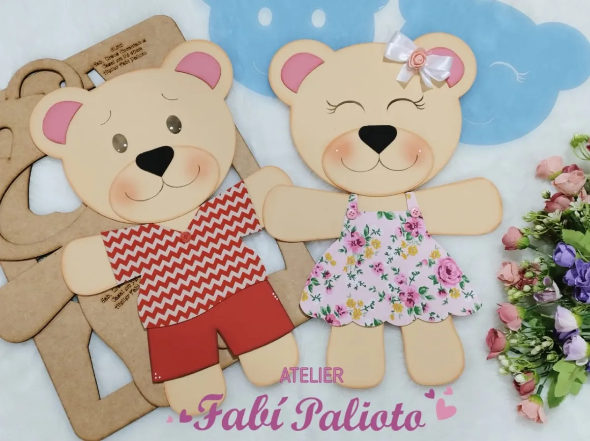 G1.510  Gabarito de Moldes em MDF Casal em Pé 40cm - Coleção Ursos Encantados