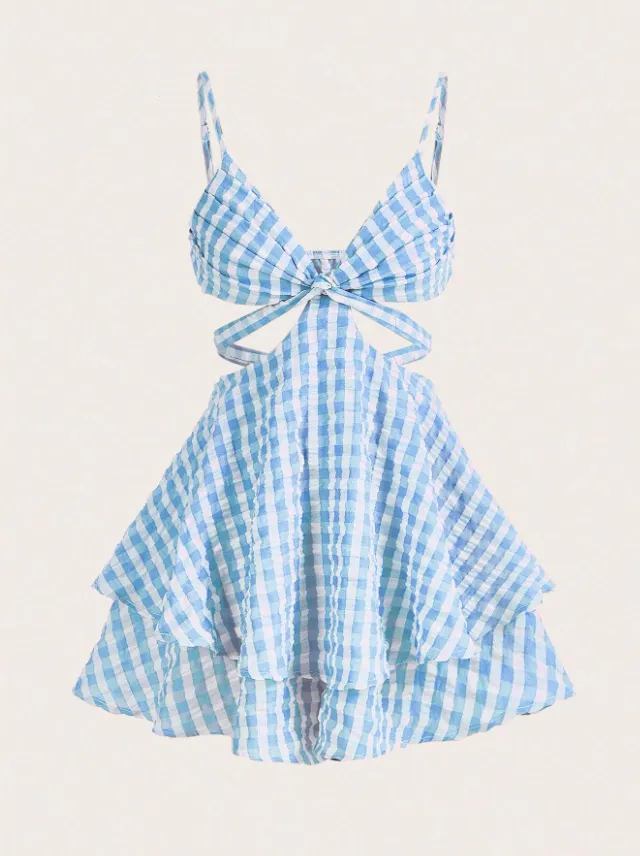 SHEIN VCAY Impressão De Guingão Cintura Cut Out Macacão Cami