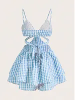 SHEIN VCAY Impressão De Guingão Cintura Cut Out Macacão Cami - Foto 2