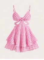 SHEIN VCAY Impressão De Guingão Cintura Cut Out Macacão Cami - Foto 3