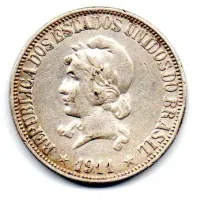 1911 - 1000 Réis - Prata .900 - Aprox 10g - 26mm - Moeda Brasil