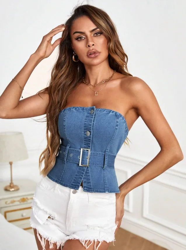SHEIN Essnce Botão Frontal Com Cinto Tubo Top Denim Imagem