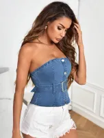 SHEIN Essnce Botão Frontal Com Cinto Tubo Top Denim - Foto 2