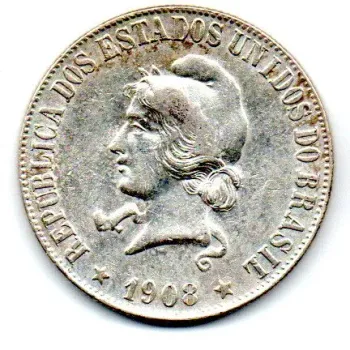 1908 - 2000 Réis - Prata .900 - Aprox 20g - 33mm - Moeda Brasil