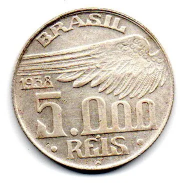 1936 - 5000 Réis - Santos Dumont - Prata .600 - Aprox 10g - 27,5mm - Moeda Brasil