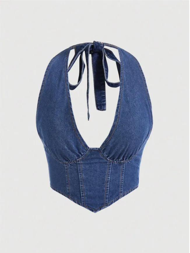 SHEIN ICON Bainha Do Lenço Sem Costas Gola Halter Top Denim