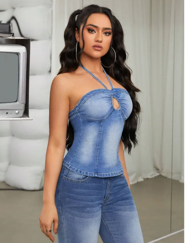 SHEIN ICON Top Halter De Denim Para Mulheres