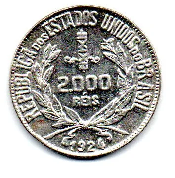 1924 - 2000 Réis - Mocinha - Prata .500 - Aprox 8g - 26mm - Moeda Brasil