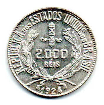 1924 - 2000 Réis - Mocinha - Prata .500 - Aprox 8g - 26mm - Moeda Brasil