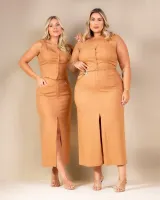 Conjunto Cropped Saia Midi Linho Diva's Voga Caramelo - Foto 5