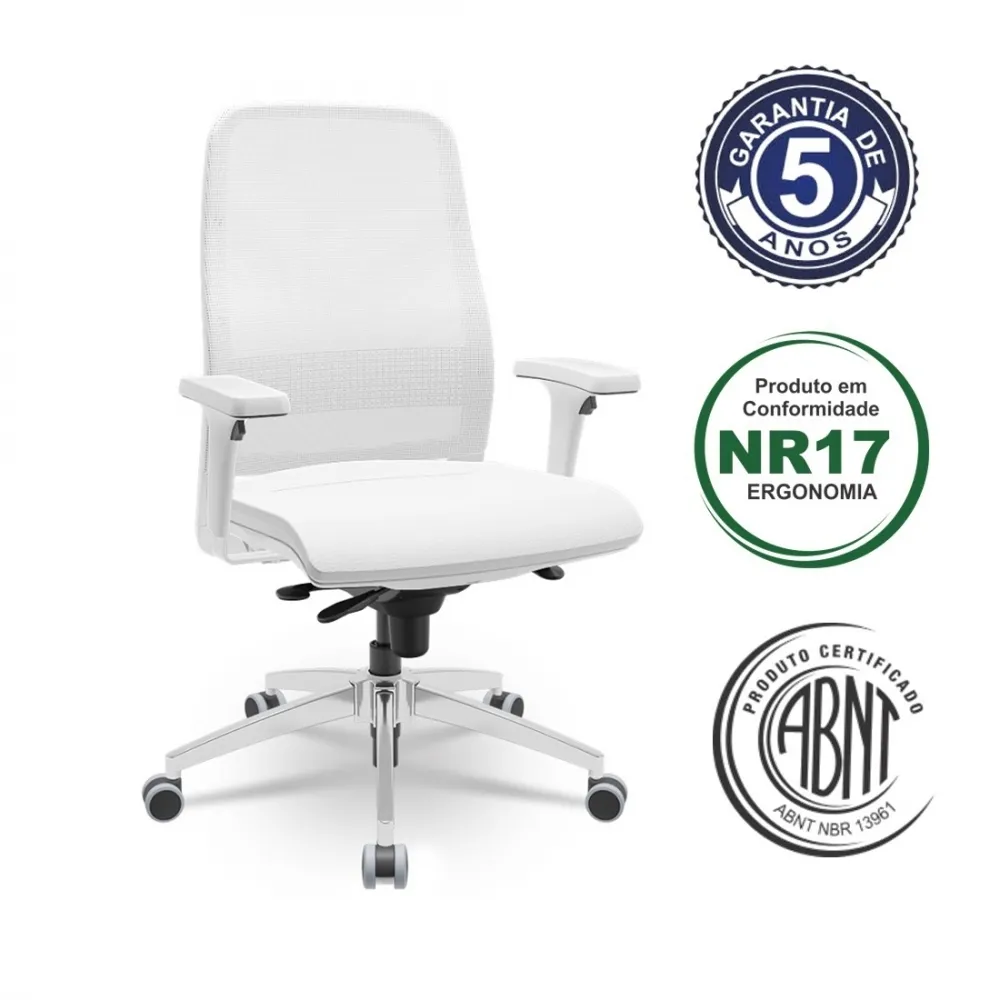  Cadeira Multiregulável NR17 Titan Branca Encosto Telado Regulável Mecanismo Sincronizado Base Cromada e Braço Regulável