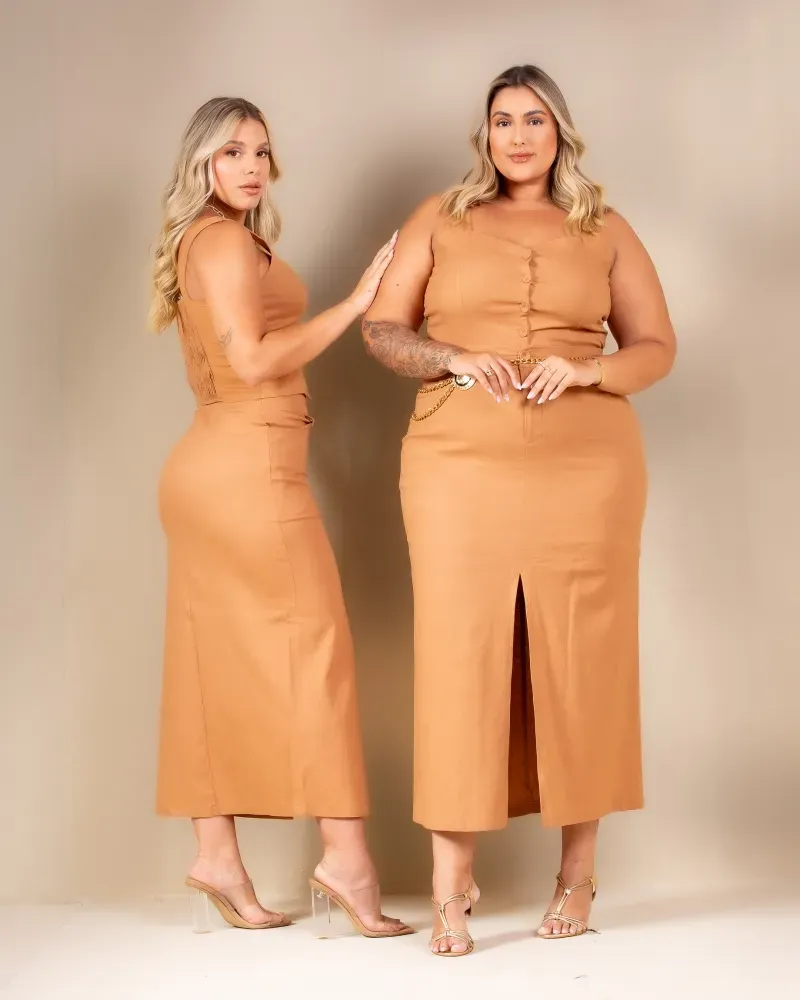 Saia Midi Linho Diva's Voga Caramelo Imagem