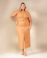 Saia Midi Linho Diva's Voga Caramelo - Foto 4