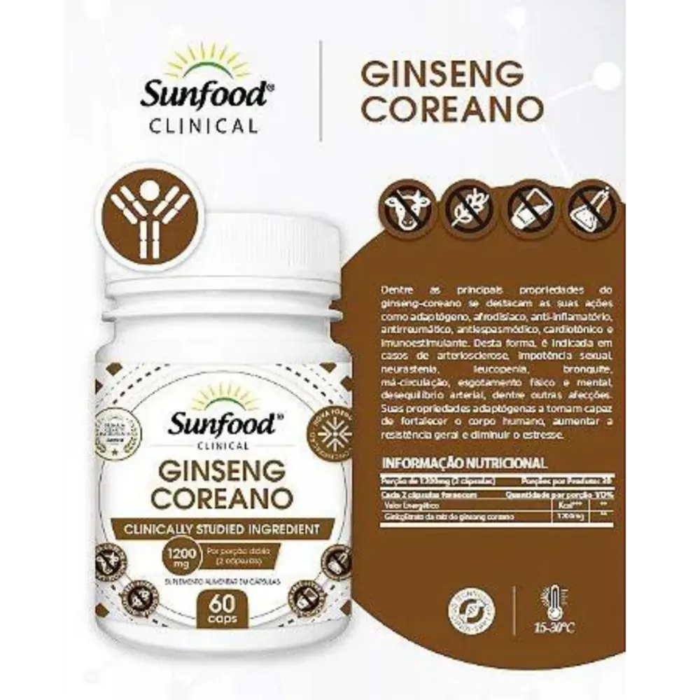 Giseng Coreano Extrato Seco Sunfood 60 Caps 1200mg