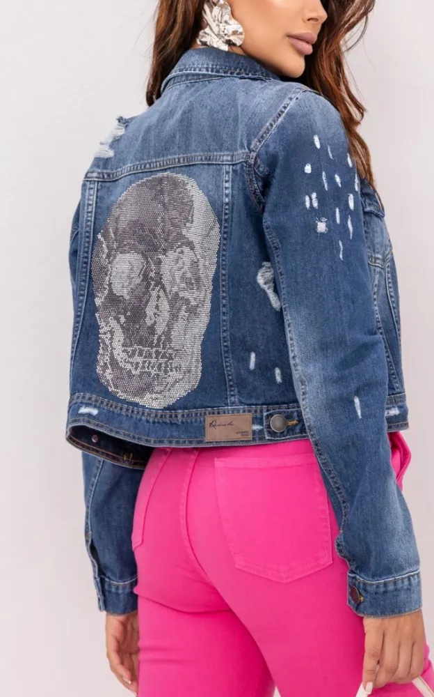 Jaqueta Jeans Revanche Pedraria Caveira Feminina Azul Escuro
