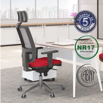 Poltrona Presidente Brizza Tela Mecanismo Relax Base Piramidal Cromada com Apoio de Cabeça e Braços Reguláveis 