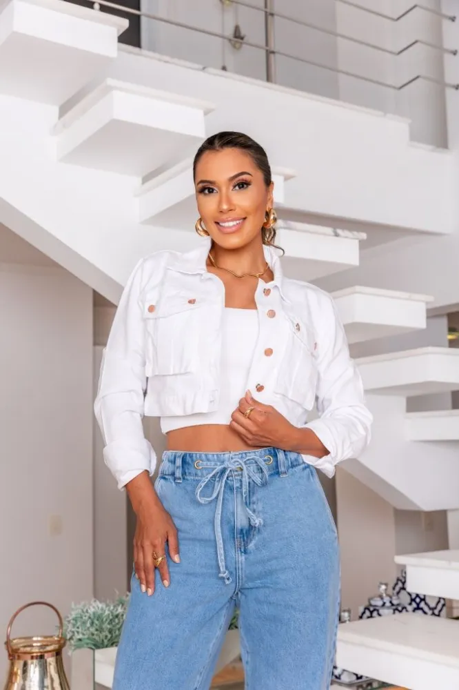 Jaqueta Jeans Cropped Revanche Feminina Branca Imagem