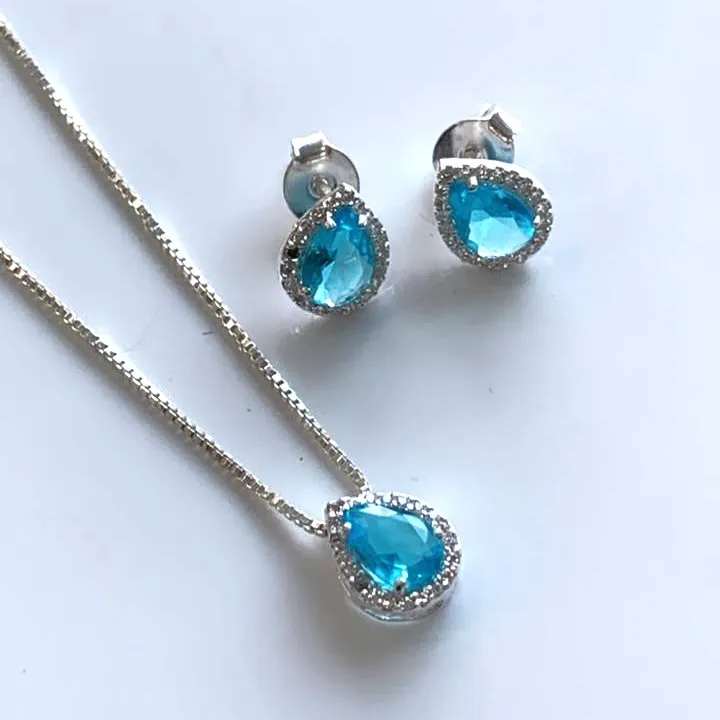 Conjunto de Prata 950  Gota - Azul- CJT303