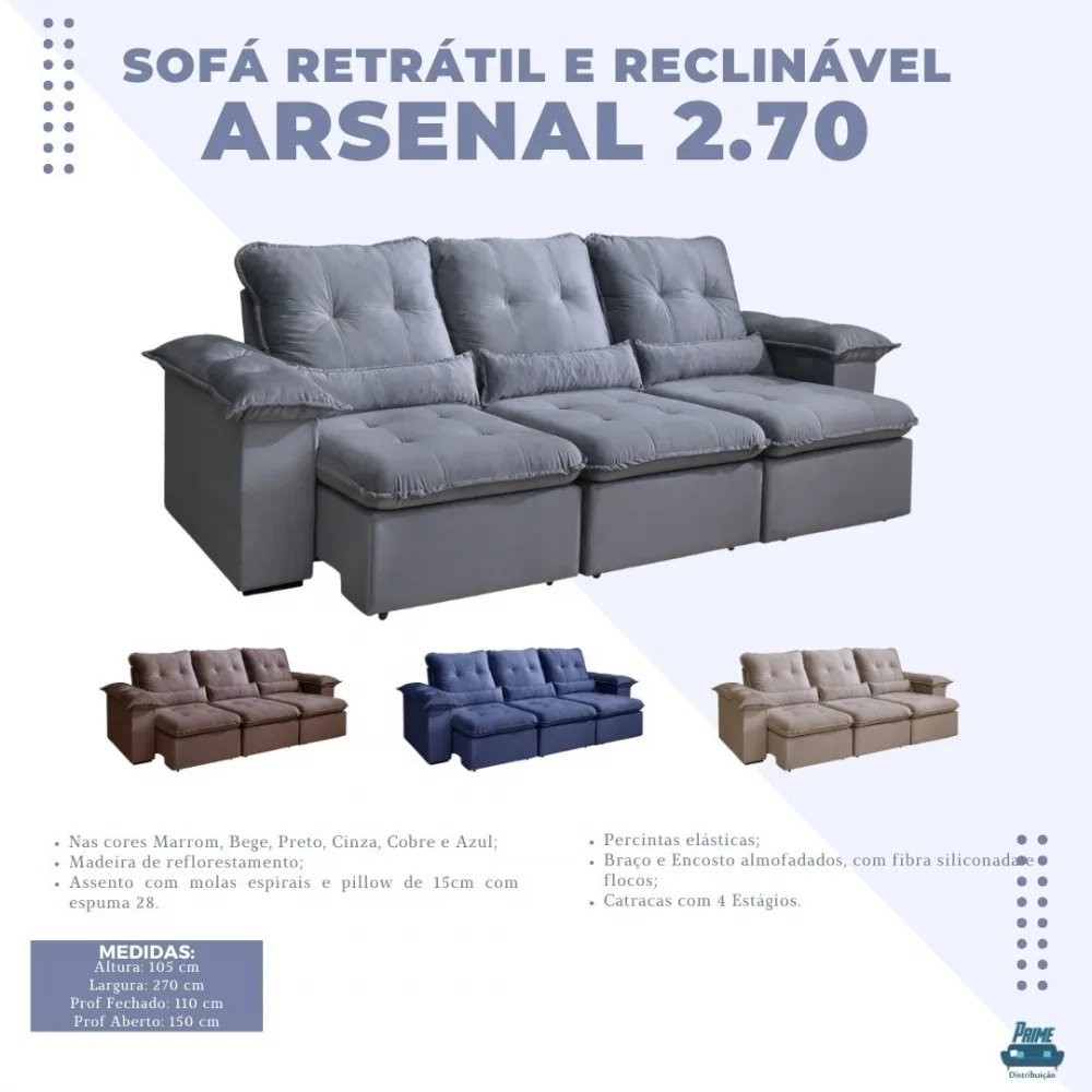  Sofá Retrátil Reclinável  Arsenal aifos 3 modulos 2,70  Imagem