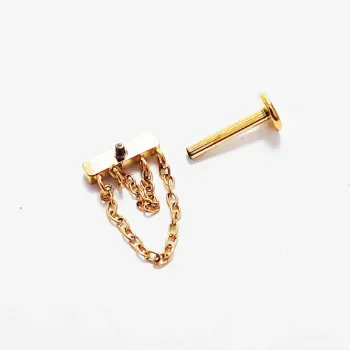Labret em Titânio PVD DOURADO 1.2mm BARRA com 5 Pedras Dupla Corrente - TIT21 - Foto 2