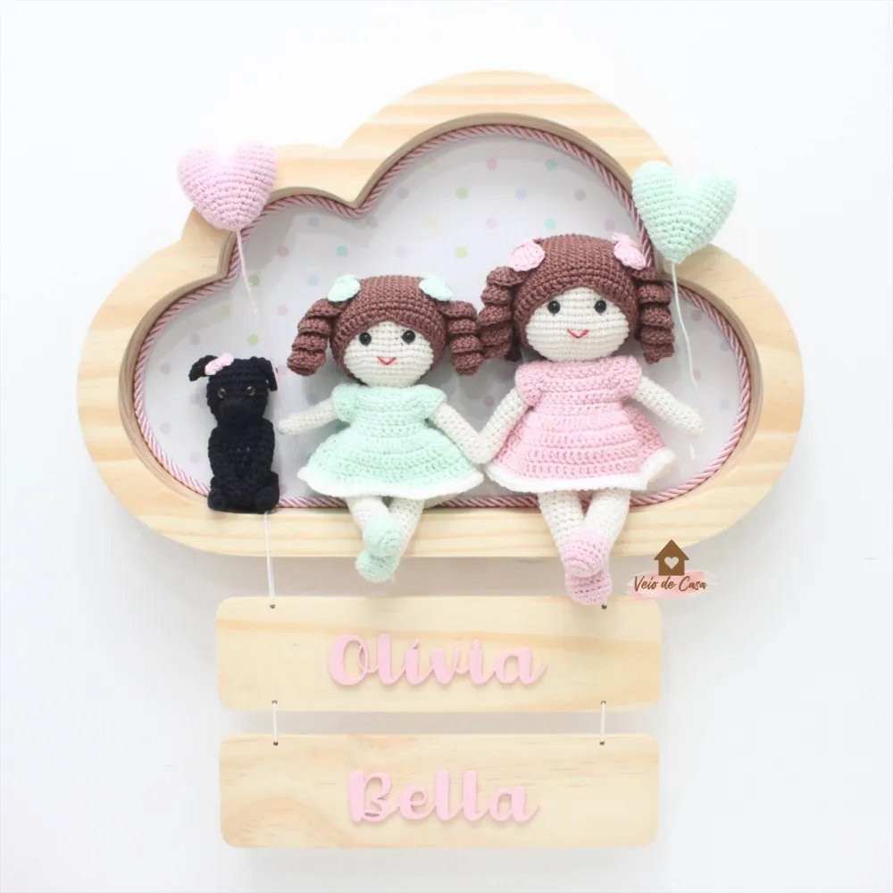 Irmã Mais Nova - Bonecas + Pet - Nuvem Grande - 2 placas - Porta Maternidade Imagem