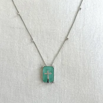 Colar Pedra Turmalina Retangular com Crucifixo Cravejado - Ródio Branco