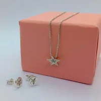  Conjunto de prata - Colar + Brinco Estrela com Pedras -CJ102