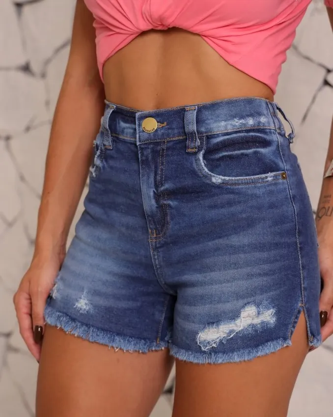 Shorts Jeans Destroyed Revanche Feminino Azul Escuro
