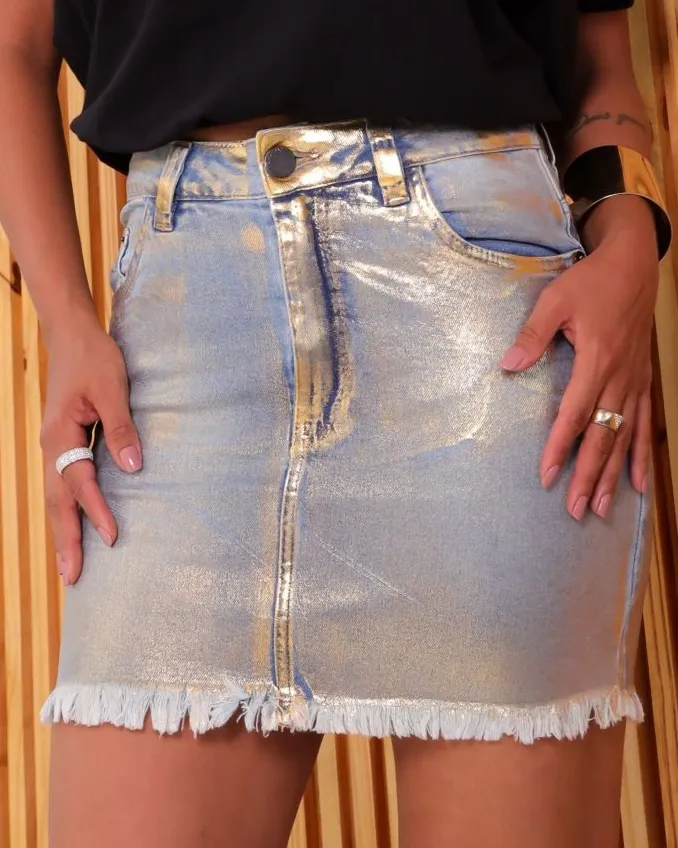 Saia Jeans Foil Metalizado Dourado Revanche Feminina Azul Claro Imagem