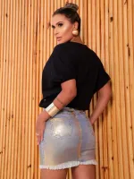 Saia Jeans Foil Metalizado Dourado Revanche Feminina Azul Claro - Foto 2