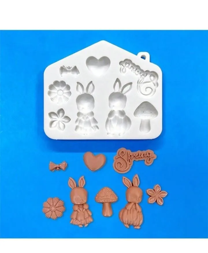 Molde de Silicone Casal De Coelhos e Elementos Jardim Imagem