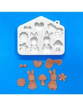 Molde de Silicone Casal De Coelhos e Elementos Jardim