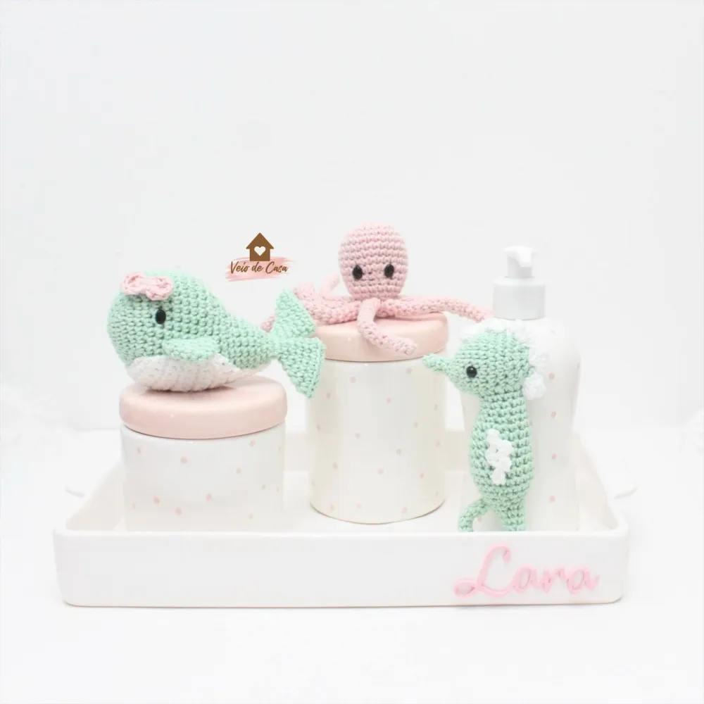 Fundo do Mar  - Kit Higiene - 4 peças Poá - Bandeja Retangular Cerâmica