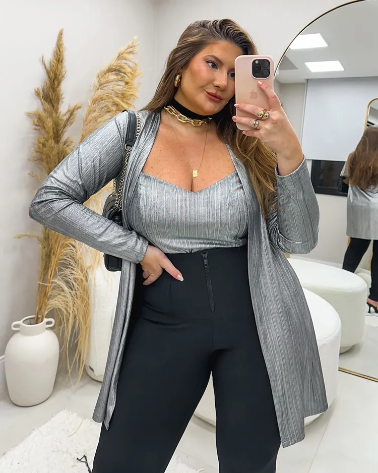 Cardigan e Cropped Maria Francia Prata Metalizado Imagem