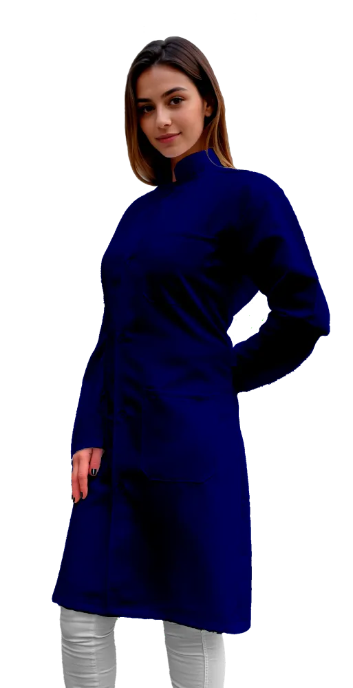 Jaleco Feminino Gola Padre  de Oxford Manga Longa e Botão - Azul Marinho