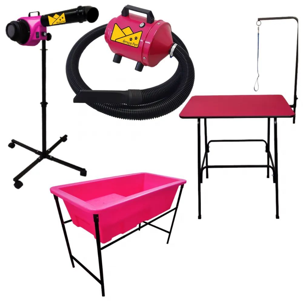 KIT PARA PET SHOP BANHEIRA SECADOR SOPRADOR E MESA ROSA 127V