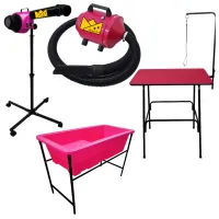 KIT PARA PET SHOP BANHEIRA SECADOR SOPRADOR E MESA ROSA 127V